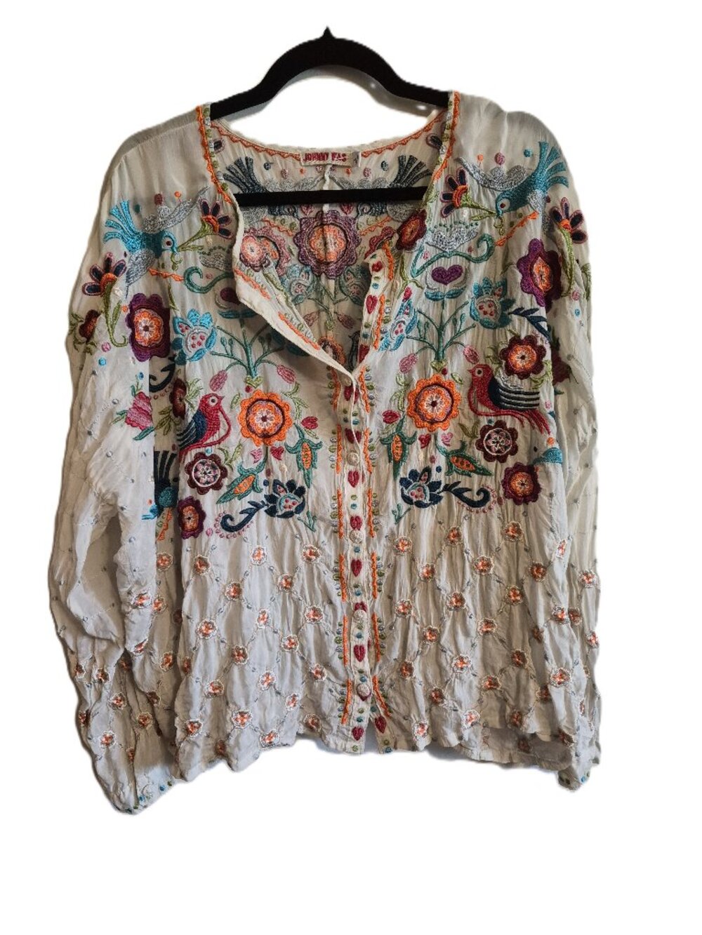 Johnny Was Floral Bird Long Sleeve Sheer NWOT Button Up Large
